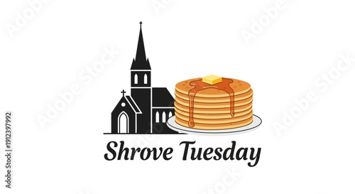 Illustration of a church and a stack of pancakes on a plate for Shrove Tuesday or Pancake Day celebration