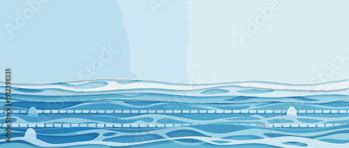 Papercut style panoramic vector banner of a swimming pool lane with layered blue water ripples and waves. Minimalist background with copy space for summer sports, swimming, and leisure themes.