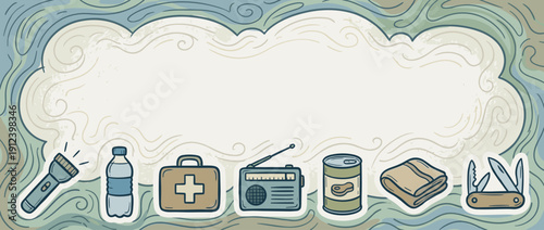 Emergency Preparedness Kit Banner Illustration with Icons for Flashlight, Water Bottle, First Aid, Radio, Canned Food, Blanket, and Multi-tool on a Decorative Panoramic Background with Copy Space
