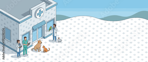Isometric Veterinary Clinic Banner with Veterinarians and Pets; Panoramic Illustration of a Vet Hospital with Doctors, Dog, Cat, Parrot, and Rabbit, Paw Print Pattern Background and Copy Space.