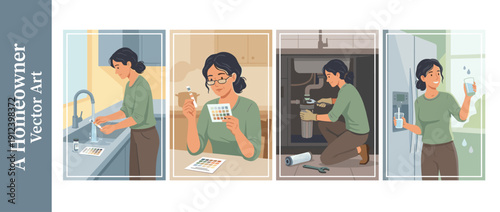 Set of four vector illustrations showing a woman homeowner testing tap water quality with strips, comparing results to a color chart, installing an under-sink filter, and enjoying clean water.