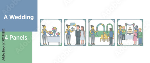 Set of 4 Vector Illustrations of a Professional Wedding Planner Coordinating Floral Arrangements, Discussing Rings with a Couple, Setting Up an Outdoor Venue, and Managing the Reception and Cake