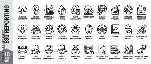 30 ESG Reporting and Sustainability Metrics Line Icons Set featuring Environmental Social and Governance topics like Carbon Footprint, Renewable Energy, Human Rights, Ethics, and Risk Management.