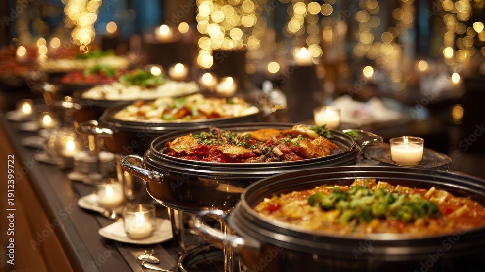 Fototapeta premium Elegant buffet table set up at upscale restaurant featuring metal food warmers with hot dishes and candle lights