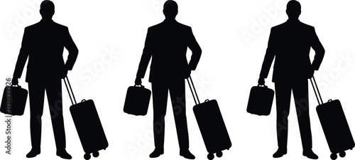Business Traveler Silhouette Collection with Suitcase and Briefcase Vector Illustration Set Isolated on White Background for Corporate Travel and Airport Concept