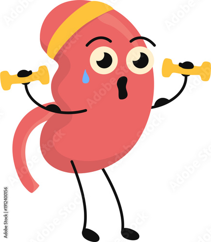 Funny kidney character lifting weights