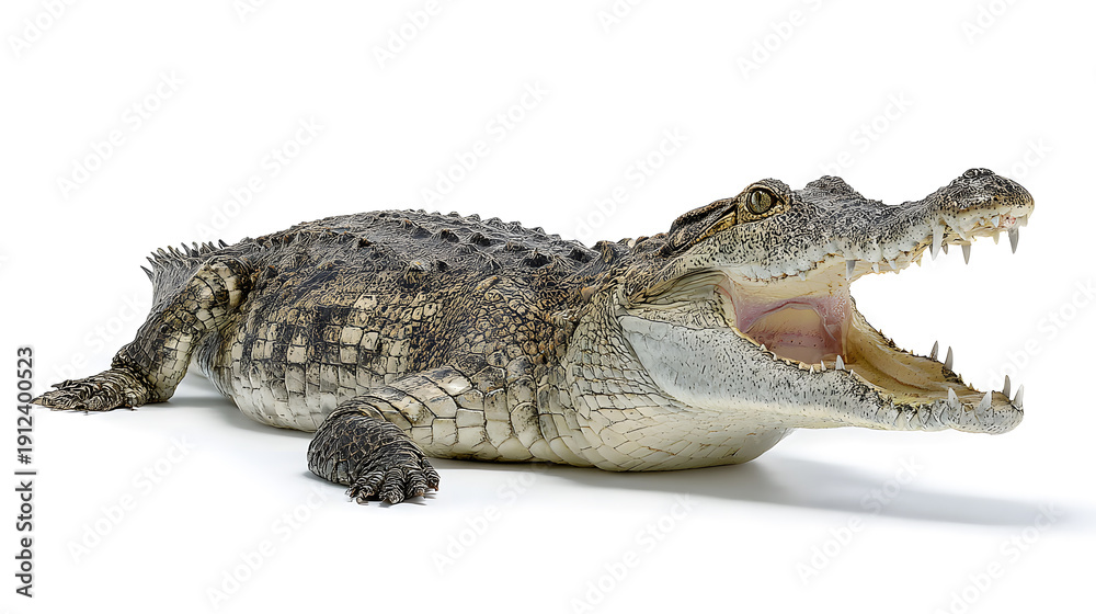 Obraz premium Powerful Crocodile with Jaws Wide Open on White Background