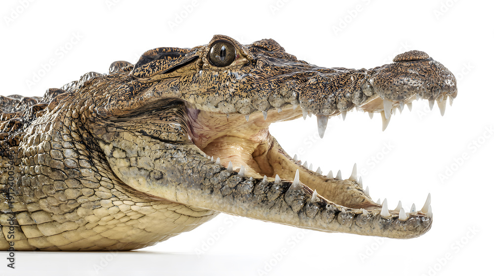Obraz premium Fierce Crocodile with Open Mouth and Sharp Teeth on White Background