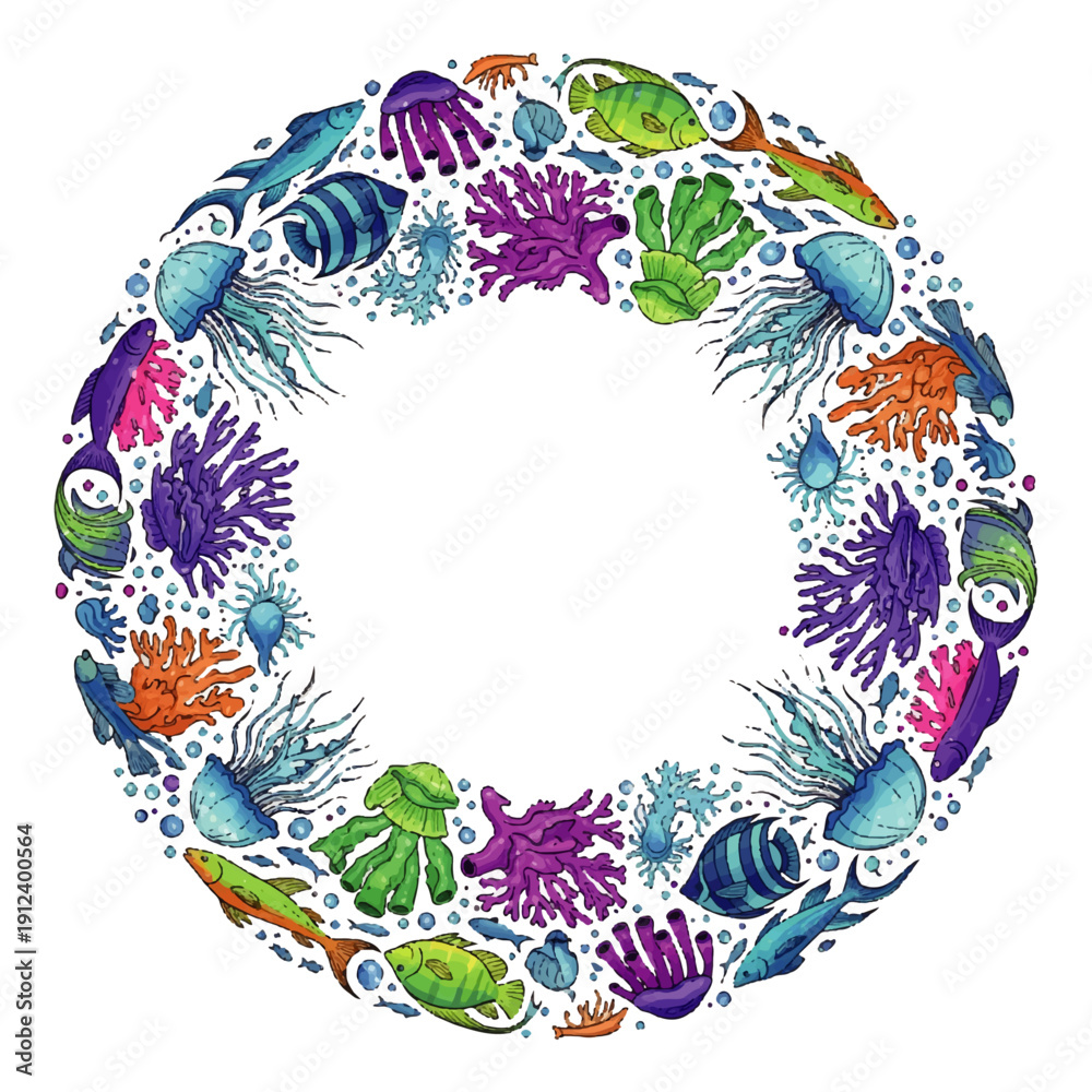 Obraz premium Vibrant ocean creatures arranged in a circular pattern, viewed from above, showcasing diverse marine life and colorful illustrations