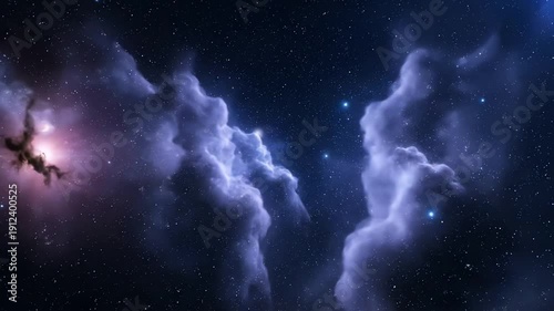 Beautiful Cosmic Nebula with Vibrant Purple Clouds and Twinkling Stars Slow Zoom Out into Deep Space