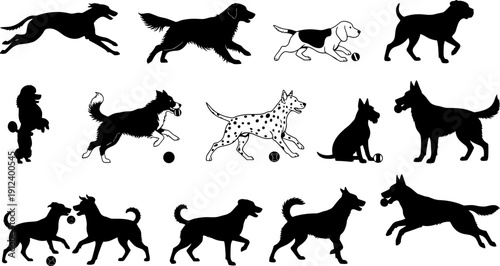 Dog silhouettes vector set, playful running jumping canine poses collection for pet activity behavior training and animal motion design isolated on white background