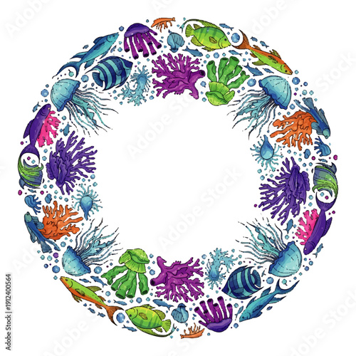 Vibrant ocean creatures arranged in a circular pattern, viewed from above, showcasing diverse marine life and colorful illustrations