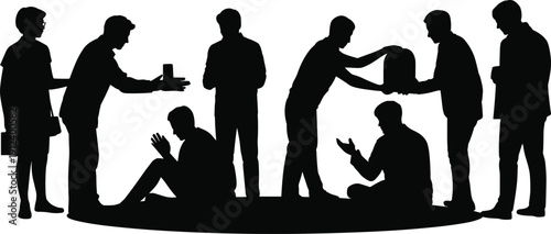 Charity and support silhouettes showing people helping the homeless with donations and assistance symbolizing kindness community care and social responsibility isolated on white background