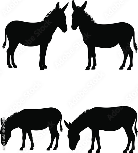 Donkey silhouette vector illustration set, grazing and standing poses, farm animal design, agricultural livestock art, black animal shapes for graphic projects