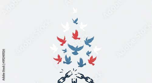Colorful birds fly out of broken chains symbolizing freedom and liberation in a vibrant uplifting scene