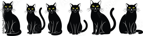 Five black cats with yellow eyes and white whiskers sitting together in row, representing pets, animals, cartoon style, and companionship.
