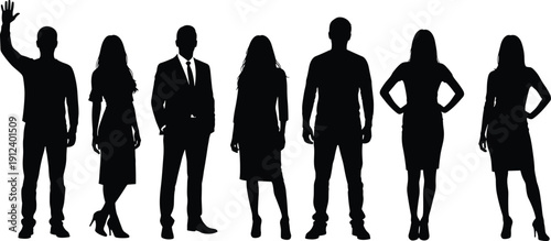 Silhouettes of diverse people in casual and business attire standing together, representing teamwork, diversity, leadership, fashion, and professional unity.