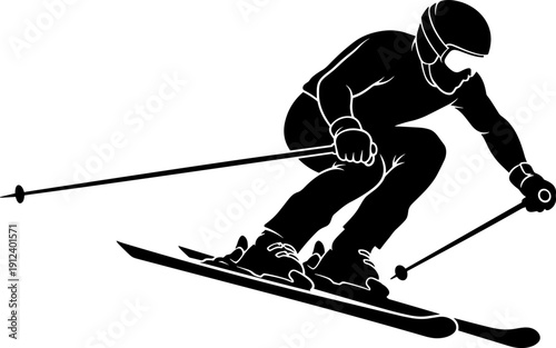 Downhill skier action silhouette, alpine winter sports athlete carving on slope with poles, dynamic black vector illustration isolated on white background