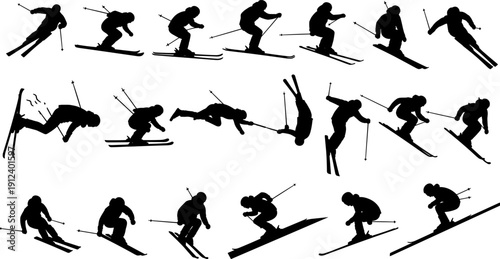 Downhill skiing action vector silhouette set, skiers performing jumps, tricks, and turns, winter sport extreme adventure, athletic people graphic design isolated on white.