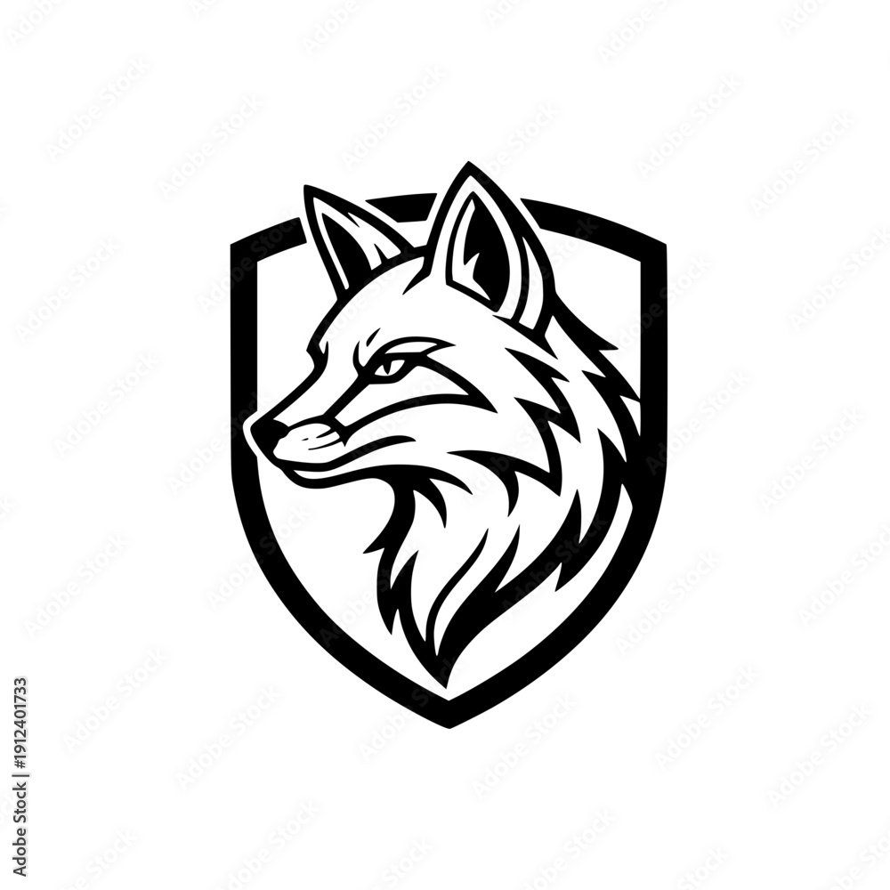 Fototapeta premium Fox head inside shield minimalist line art logo design.