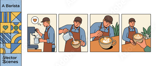 Set of four vector illustrations featuring a professional male barista crafting specialty coffee, from steaming milk and pouring latte art to creating a swan design and serving a customer.