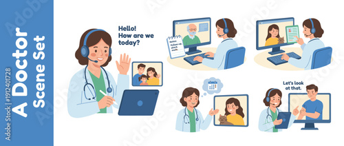 Set of Vector Illustrations of a Female Doctor Conducting Telehealth Visits via Video Call with Diverse Patients Including a Family, Elderly Man, and Woman, Using Digital Tools and Notes.
