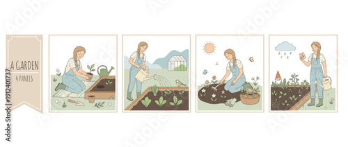 Set of 4 Vector Illustrations of a Young Woman Gardening, Planting Seedlings in Raised Beds, Watering Crops with a Can, Weeding Flower Beds, and Standing in the Rain with Seed Packets, Scandi Style.