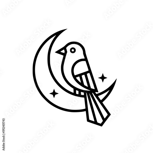Bird perched on crescent moon minimalist line art logo.