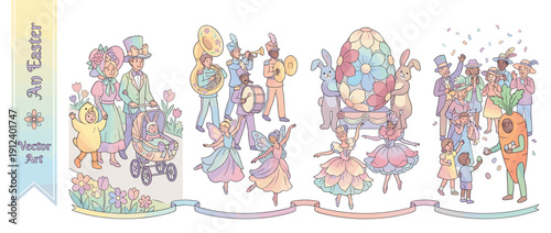 Pastel Vector Illustration Set of an Easter Parade Featuring a Family in Holiday Attire, Marching Band, Floral Egg Float with Bunny Mascots, and a Carrot Costume Character Handing Out Eggs.