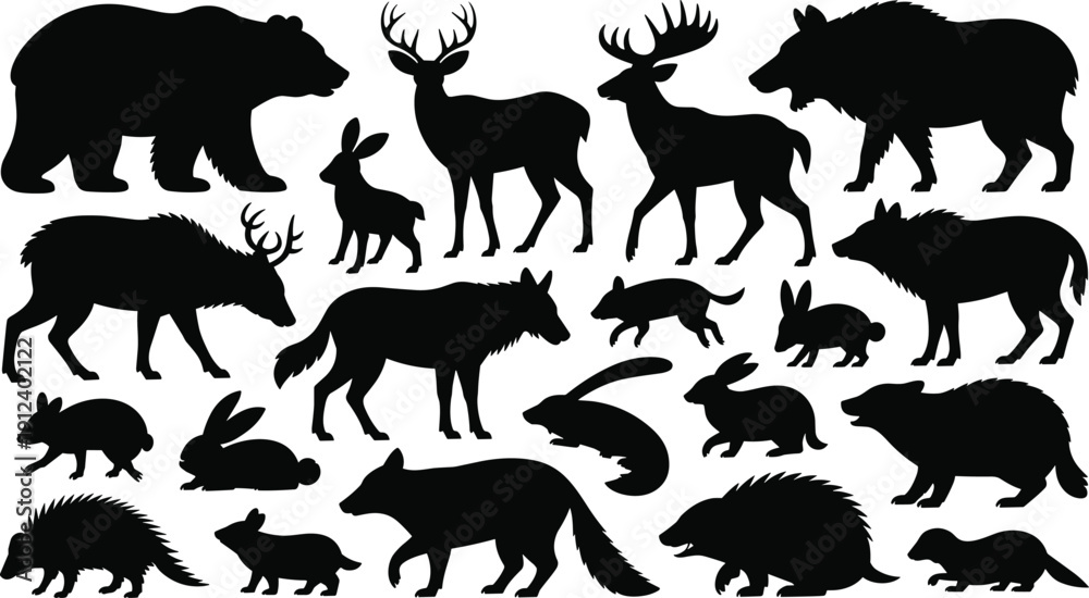 Obraz premium Woodland animal silhouettes vector illustration featuring bear, deer, moose, wolves, rabbits, fox, beaver, porcupine, otter, wild boar
