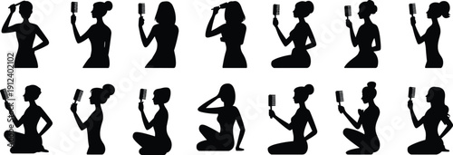Women silhouettes singing and speaking with microphones, diverse hairstyles and postures, performance communication expression vector illustration concept design art