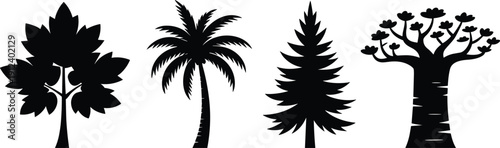 Black tree silhouette set featuring palm pine baobab and deciduous trees isolated on white background for nature landscape botanical design and branding projects