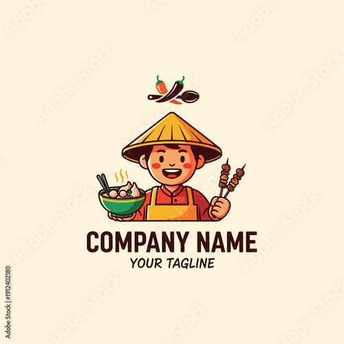 Asian Food Vendor Character with Noodles and Skewers.