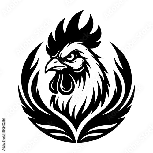 vector illustration of a fierce rooster head with a tough expression, enclosed in a circular wing motif.