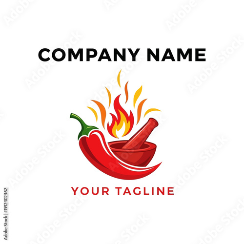 Spicy Chili Pepper with Fire and Mortar Pestle Logo Design.