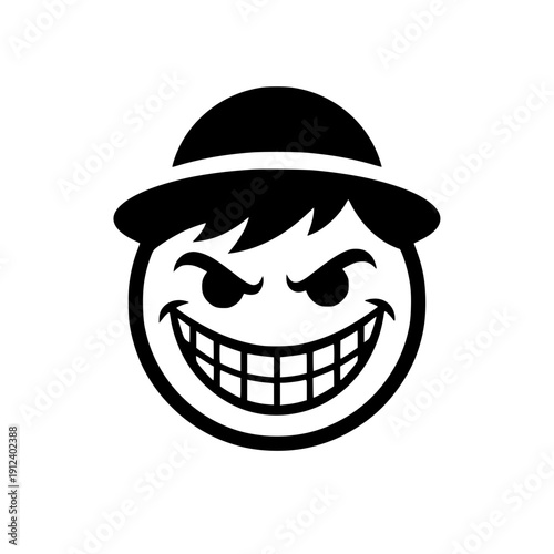 Mischievous cartoon face character with wide grin wearing fedora hat