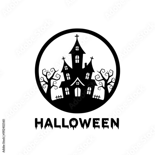 Halloween haunted house silhouette in circle with spooky trees.