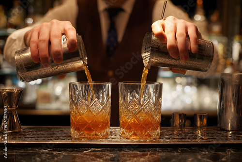 Bartender pouring two cocktails into glasses