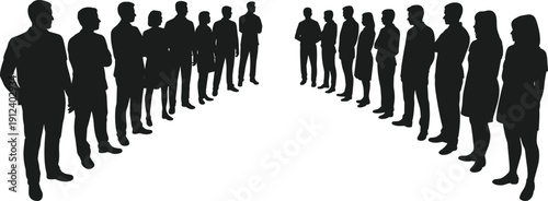 Business People Standing in Two Opposite Groups Silhouette Vector Illustration Corporate Team Meeting Concept Isolated on White Background for Leadership and Organization Theme
