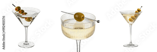 Elegant martini cocktail glass with green olives on a toothpick isolated on white background, party and luxury lifestyle concept