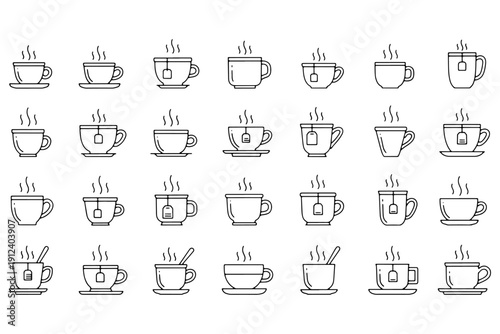 Cup of Tea Line Art Icon Sheet – Hot Beverage Outline Set