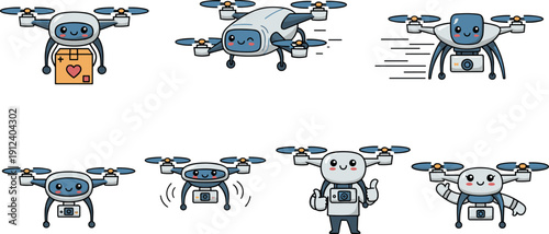 Cute Kawaii Drone Character Set with Delivery Box and Camera, Flat Vector Robot Illustration