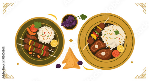 Middle Eastern Food Illustration for Ramadan Iftar or Eid Mubarak Celebration with Kabobs, Rice, and Samosas