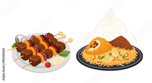 Delicious Arabic Cuisine Set with Grilled Beef Shish Kebab and Traditional Biryani Rice for Ramadan Iftar Celebration