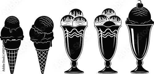 Black and white ice cream cones and sundaes set, vintage dessert silhouette collection isolated on gray background, sweet frozen treat vector illustration