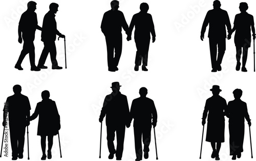 Black elderly couple walking silhouette icon set showing senior people with canes symbolizing companionship care aging lifestyle isolated on white background health support