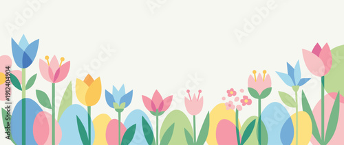 Panoramic vector banner illustration of a spring meadow border with pastel Easter eggs and colorful wildflowers. Minimalist flat design background for Easter holiday greeting cards and seasonal web