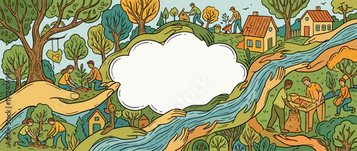 Community Volunteering for Environmental Protection Panoramic Vector Illustration with People Planting Trees, Cleaning Up, and Working Together; Large Hands Framing Central Blank Copy Space.