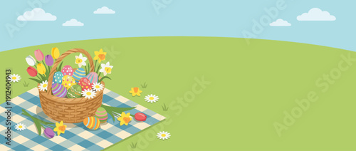 Easter spring banner illustration featuring a woven basket filled with colorful decorated eggs and flowers on a blue checkered picnic blanket in a green grassy field under a sunny blue sky.