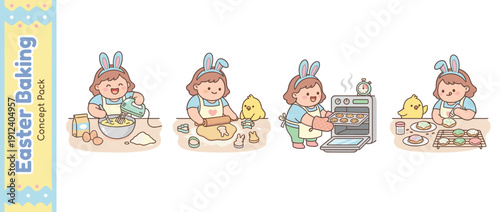 Set of 4 Cute Vector Illustrations of a Girl with Bunny Ears Baking Easter Cookies: Mixing Dough, Rolling with Cutters, Taking Trays from the Oven, and Decorating with Icing; Kawaii Cartoon Style